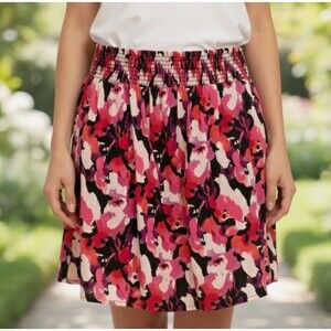 Madison Skirt 100% Cotton PS Petite Small Pink Abstract Floral Smocked Waist